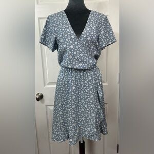 J. Crew Mercantile Heather’d Blue Floral Midi Dress Tulip Skirt Ruffles V Neck